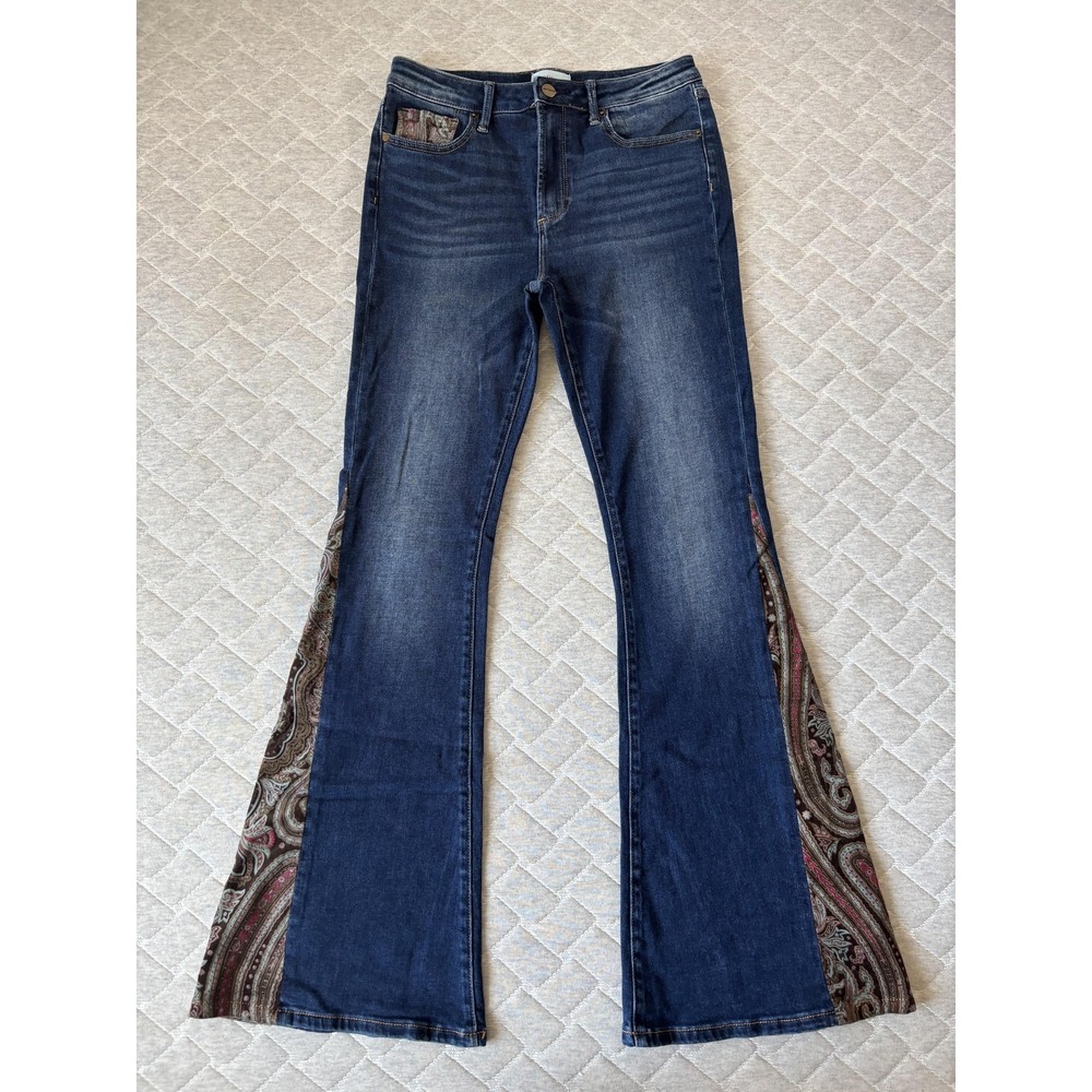 Driftwood Farrah Jeans Womens 28 Blue Flare Paisley Panel Boho Stretch Bohemian